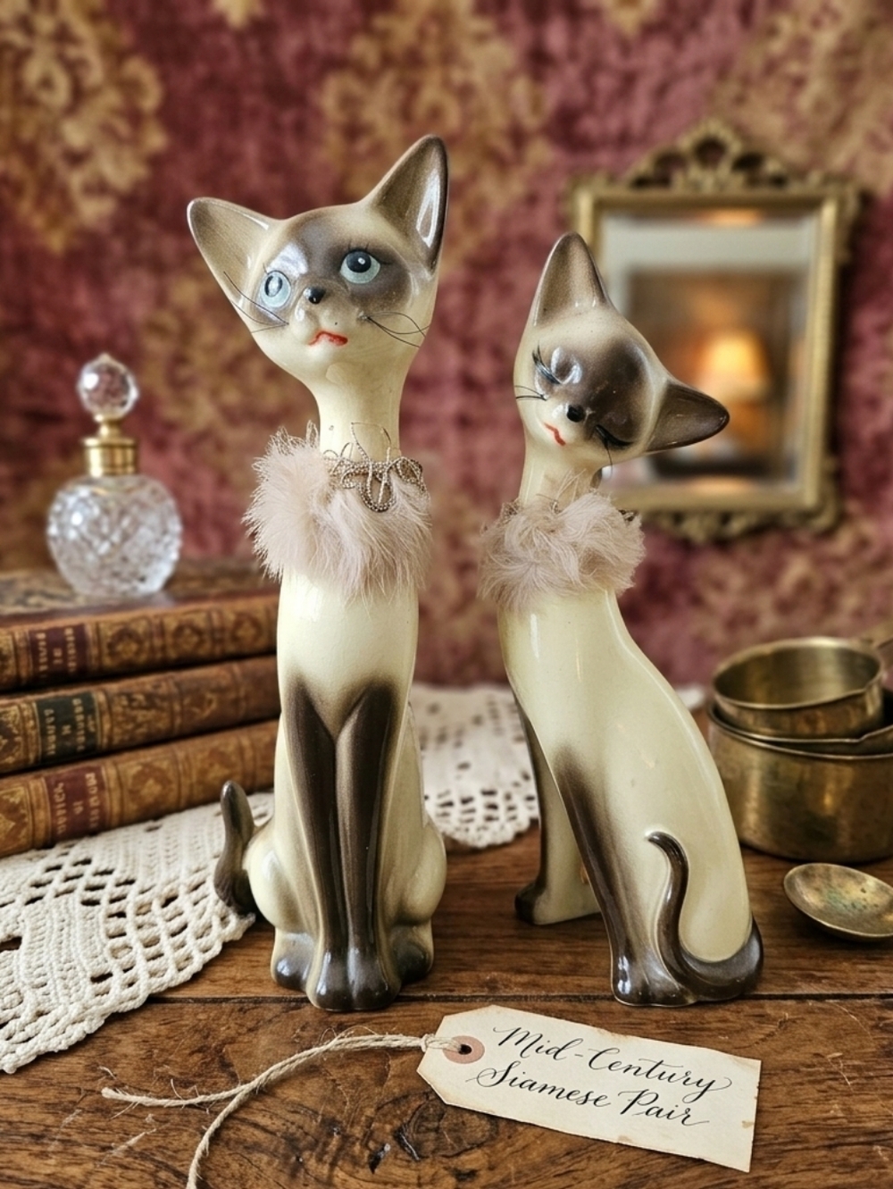 VTG 1950s Giftcraft Siamese Cat Figurines Set - MCM Ceramic Long Neck w/ Fur